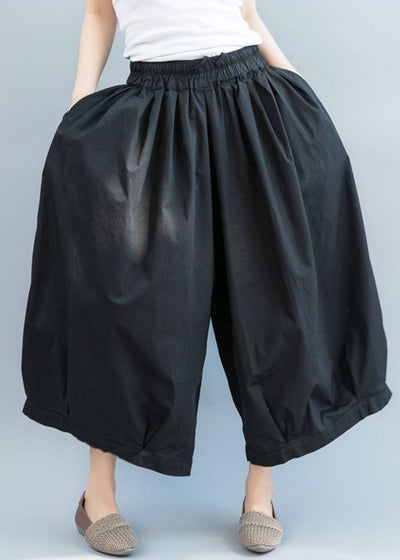 Women Black Cinched Pockets Cotton lantern Pants Spring