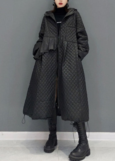 Women Black Hooded Pockets Fine Cotton Filled Witner Coat Winter