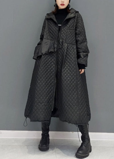 Women Black Hooded Pockets Fine Cotton Filled Witner Coat Winter