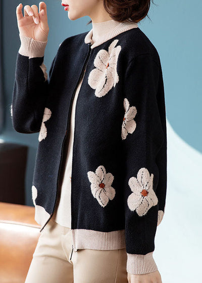Women Black Stand Collar Embroideried Floral Woolen Coats Long Sleeve
