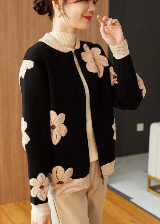 Women Black Stand Collar Embroideried Floral Woolen Coats Long Sleeve
