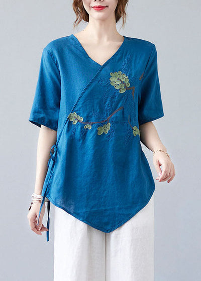 Women Blue Asymmetrical  Shirt Tops Half Sleeve