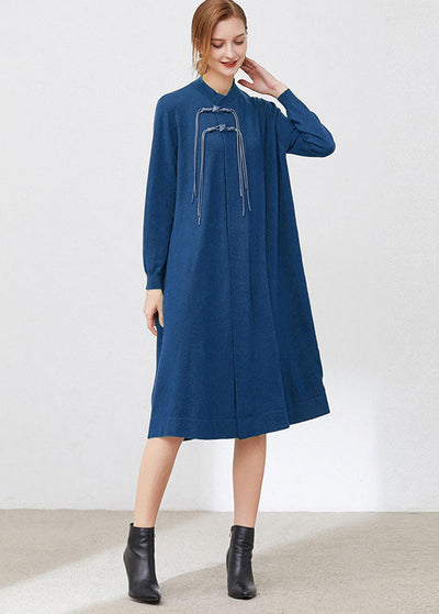 Women Blue Stand Collar Wool Knit Long Dresses Long Sleeve