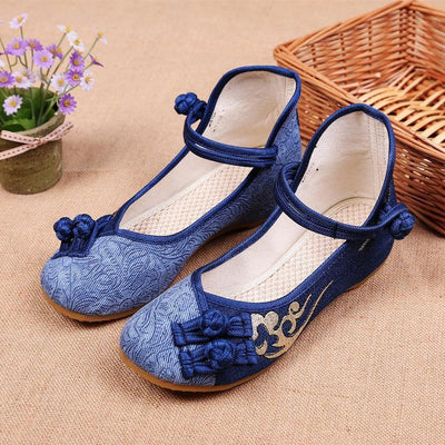 Women Buckle Strap Wedge High Wedge Heels Shoes Blue Oriental Cotton Fabric