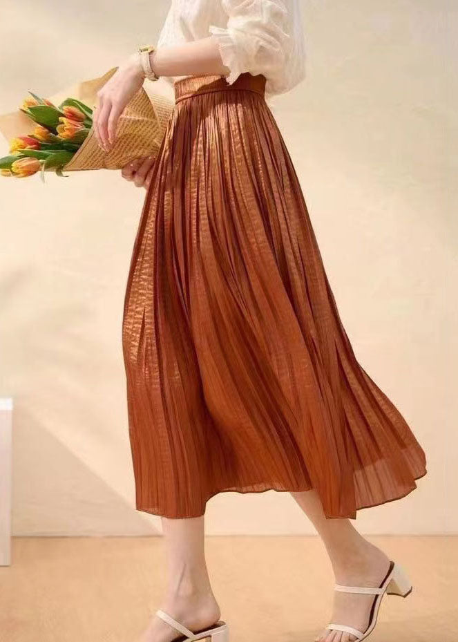 Women Caramel Wrinkled Patchwork Silk Skirts Summer