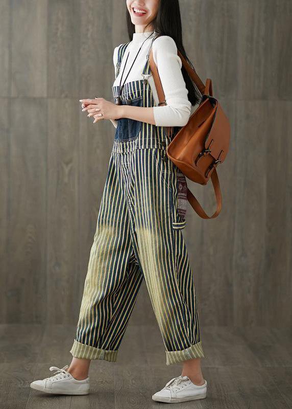Women Casual Cotton Minimalist Vertical Striped Vintage Full Length Jumpsuits