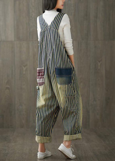 Women Casual Cotton Minimalist Vertical Striped Vintage Full Length Jumpsuits
