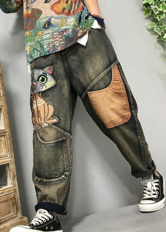Women Cat Embroidery Patchwork Mid Waist Loose Denim Harem Jeans