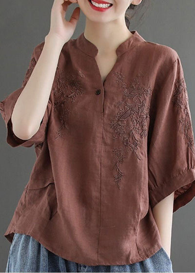 Women Chocolate V Neck Embroideried Wrinkled Linen Blouse Top Lantern Sleeve