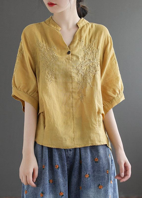 Women Chocolate V Neck Embroideried Wrinkled Linen Blouse Top Lantern Sleeve