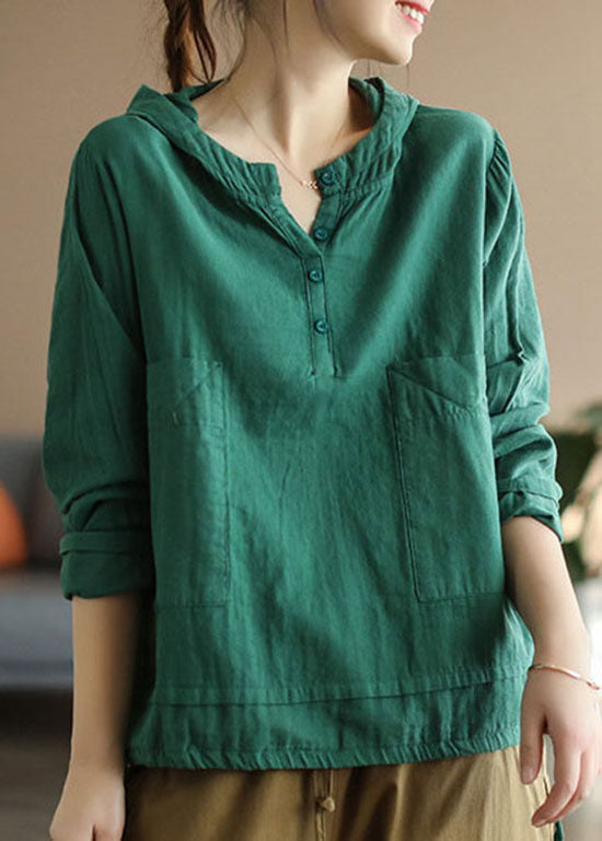 Women Green Button Patchwork Cotton Top Long Sleeve