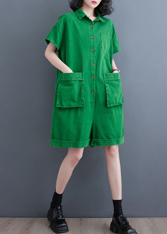 Women Green Peter Pan Collar Button Solid Denim Jumpsuit Summer