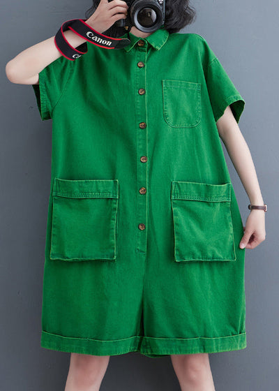 Women Green Peter Pan Collar Button Solid Denim Jumpsuit Summer