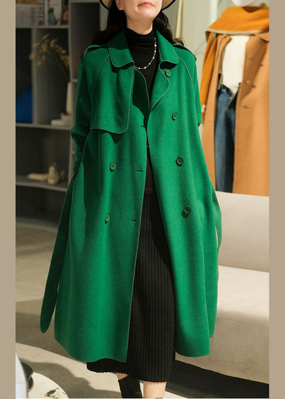 Women Green Peter Pan Collar Solid Color Woolen Trench Coats Winter