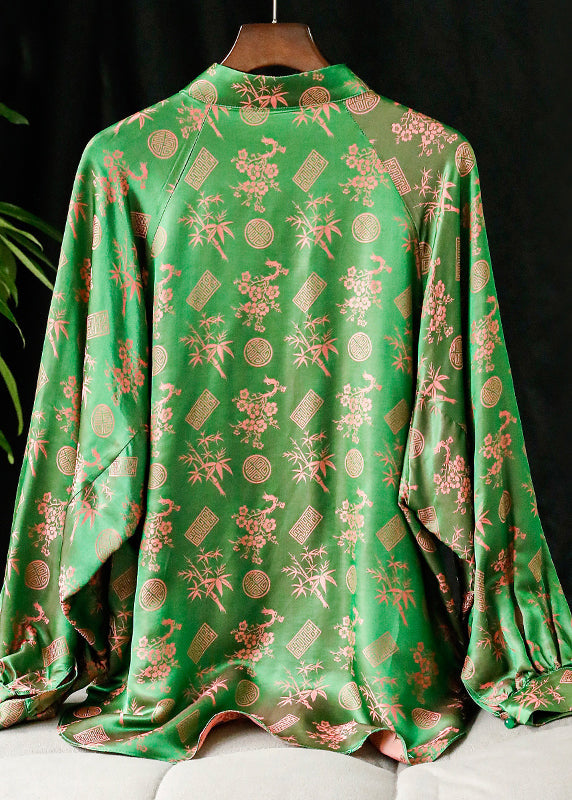 Women Green Stand Collar Button Print Silk Shirt Tops Long sleeve