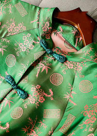 Women Green Stand Collar Button Print Silk Shirt Tops Long sleeve