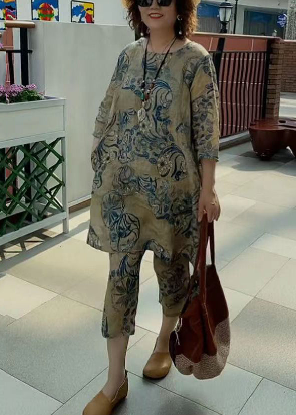 Women Khaki O-Neck Print Linen Two Piece Suit Set Half Sleeve