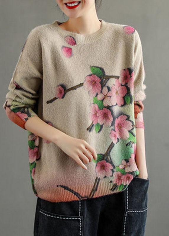 Women Khaki Retro Print Floral Knitted Sweaters Top