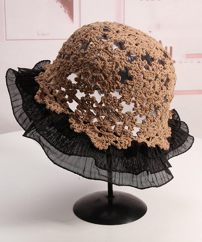Women Khaki Ruffled Hollow Out Lace Patchwork Knit Bucket Hat