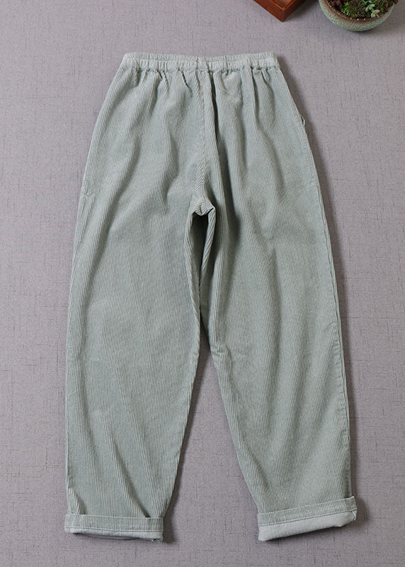 Women Light Green Pockets Corduroy Pants Winter