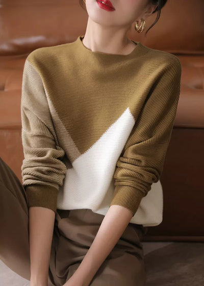 Women O-Neck Patchwork Thick Woolen Knitted Sweaters Long Sleeve