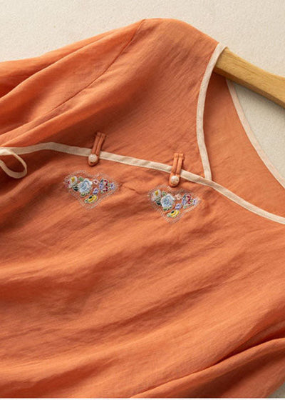 Women Orange V Neck tie waist Embroideried Linen Shirt Top Spring
