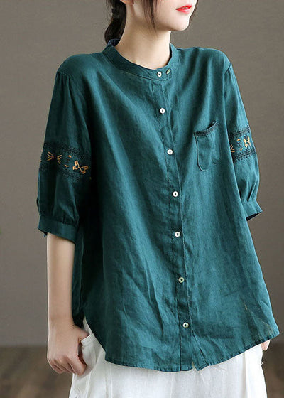 Women Peacock blue Embroideried Patchwork Tops Half Sleeve