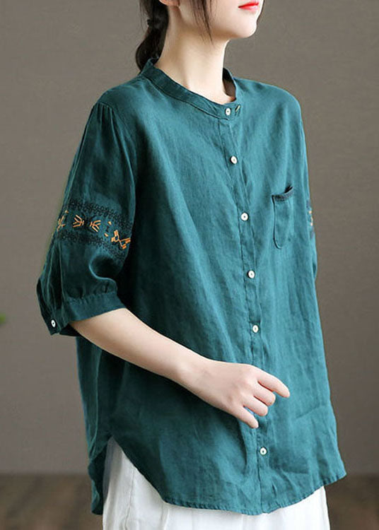 Women Peacock blue Embroideried Patchwork Tops Half Sleeve