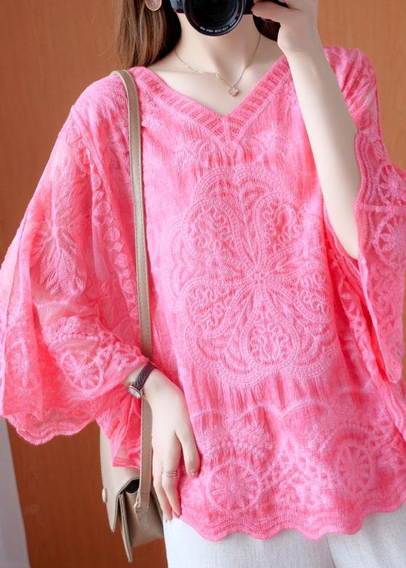 Women Pink Asymmetrical Design Summer Lace Top