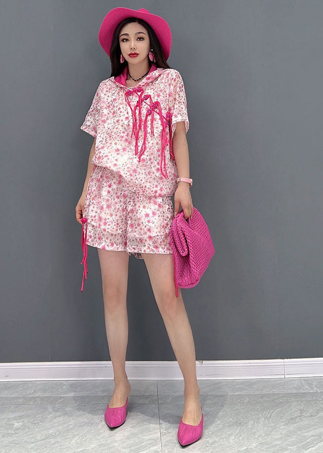 Women Pink Hooded Print Oriental Button Cotton Tanks And Shorts Two Piece Suit Set Summer