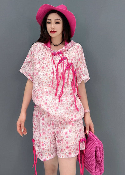 Women Pink Hooded Print Oriental Button Cotton Tanks And Shorts Two Piece Suit Set Summer