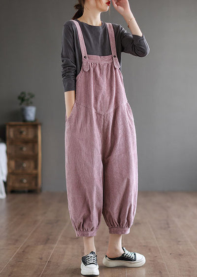 Women Pink Oversized Solid Color Corduroy Jumpsuits Fall