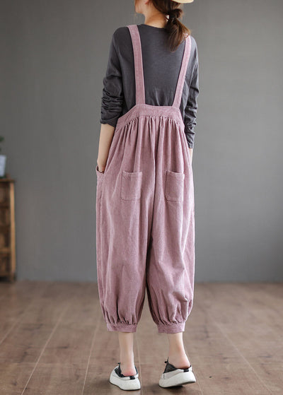 Women Pink Oversized Solid Color Corduroy Jumpsuits Fall