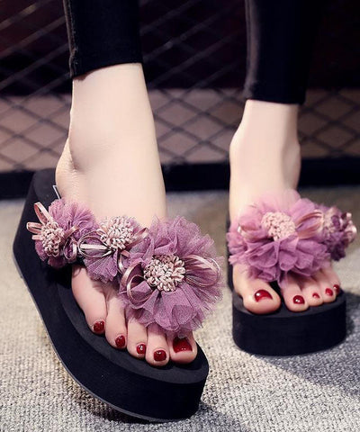 Women Purple Floral Holiday Wedge Slide Sandals For Women