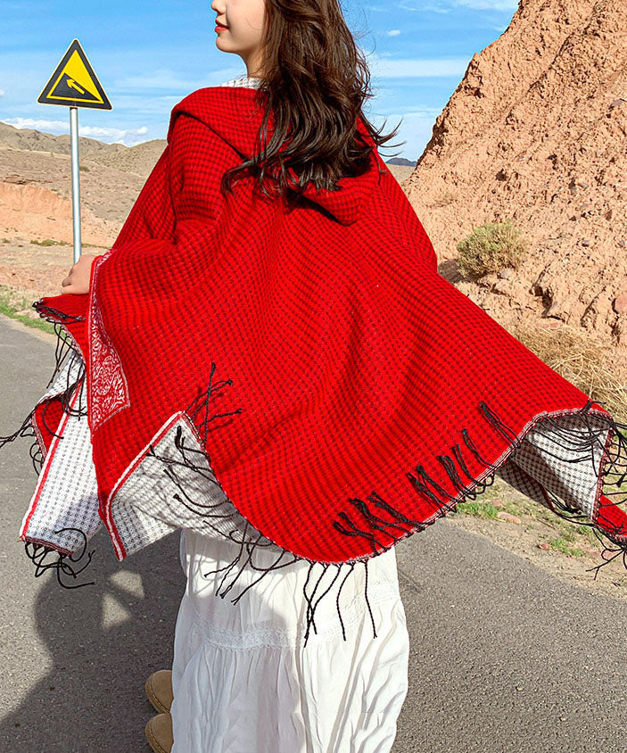 Women Red Hooded Tasseled Print Cashmere Scarf