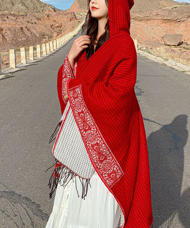 Women Red Hooded Tasseled Print Cashmere Scarf