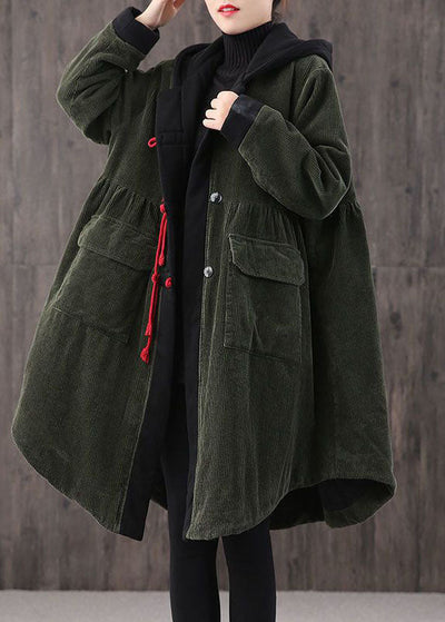 Women Tea Green hooded Button Pockets Patchwork Winter Cotton Parka Long sleeve Coat