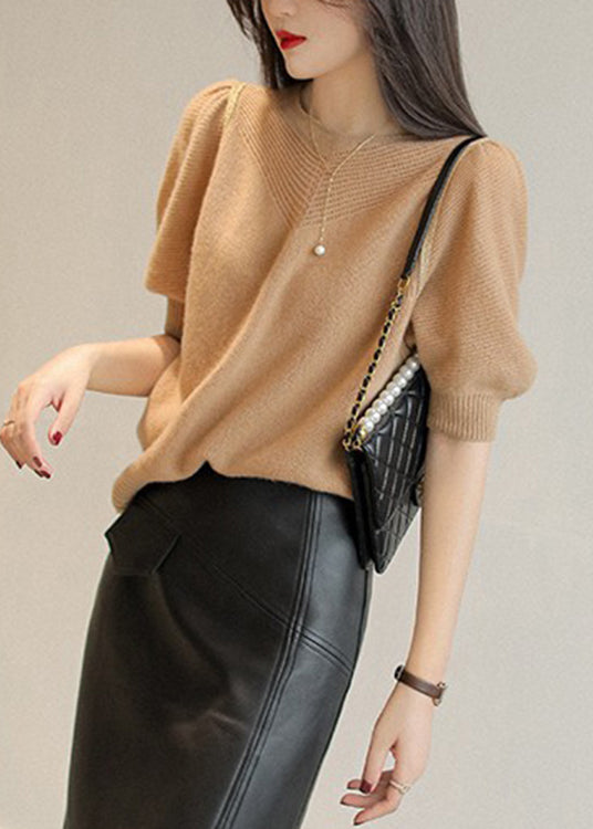 Women White O-Neck Hollow Out Wool Sweaters Puff Sleeve