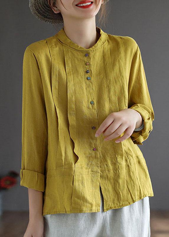Women Yellow Elegant Button Fall Top Long Sleeve Linen