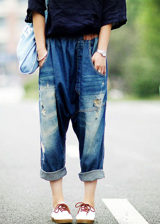 Women dark Blue Asymmetrical Pockets elastic waist ripped Jeans Spring