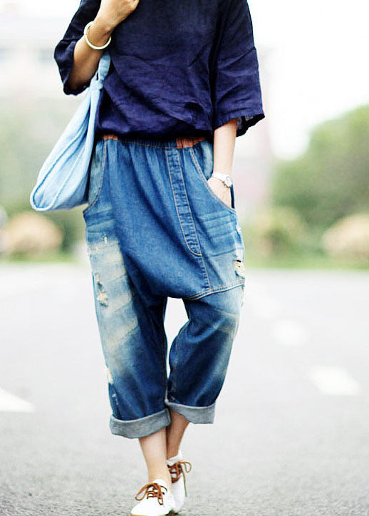 Women dark Blue Asymmetrical Pockets elastic waist ripped Jeans Spring
