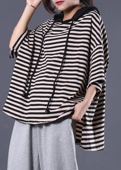 Women drawstring hooded cotton tunic pattern Tunic Tops black striped blouse summer