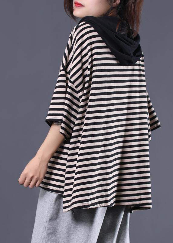Women drawstring hooded cotton tunic pattern Tunic Tops black striped blouse summer