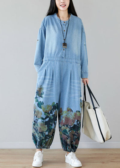 Women light Blue pockets O-Neck Print denim Jumpsuit Spring