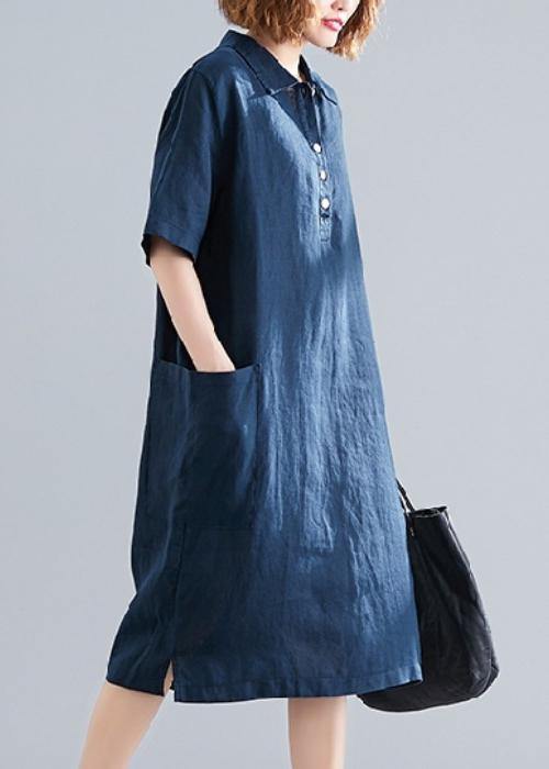 Women navy Cotton quilting clothes lapel pockets Plus Size Dress