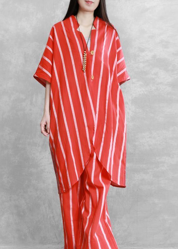 Women's loose suits, wear more red stripes stitching shirts, casual wide-leg pants