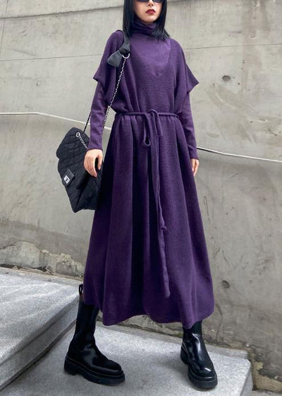 Women's winter fashion loose sweater vest skirt bottoming shirt two piece suit purple skirt