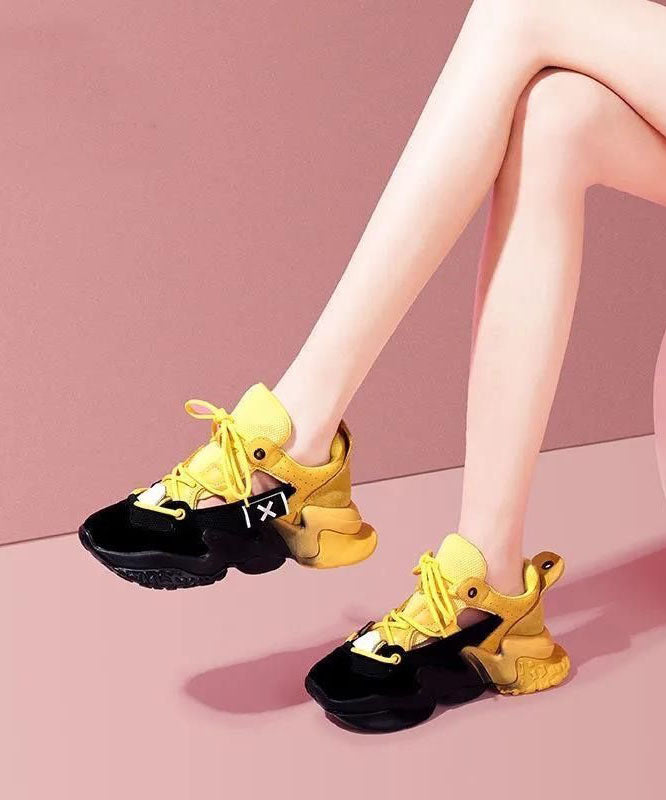 Yellow Platform Sport Shoes Suede Women Splicing Lace Up Breathable Mesh