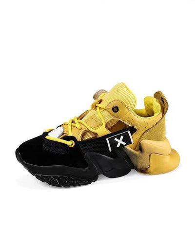 Yellow Platform Sport Shoes Suede Women Splicing Lace Up Breathable Mesh