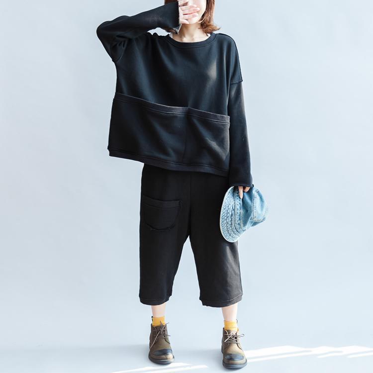 black big pockets two pieces knit tops with sweat pant oversize casual sport suit